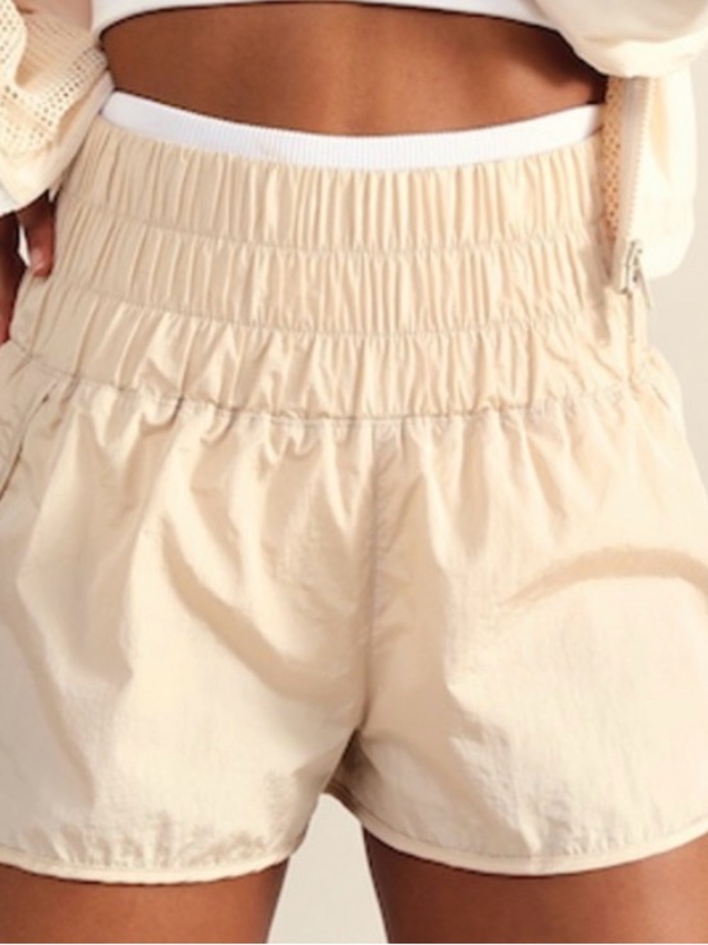FP Movement by Free People Cream Athletic High-Rise Smocked Waist Shorts